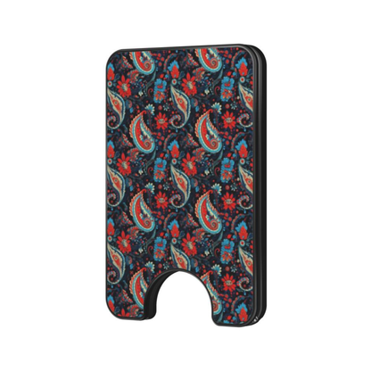 Velour Night Magnetic Wallet with intricate paisley-inspired navy, red, cream, and blue pattern