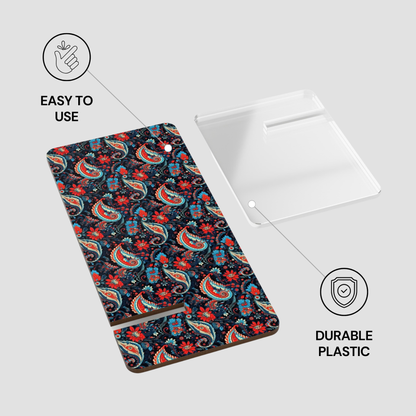 Floral patterned case with text 'Easy to use' and 'Durable plastic' on a white background