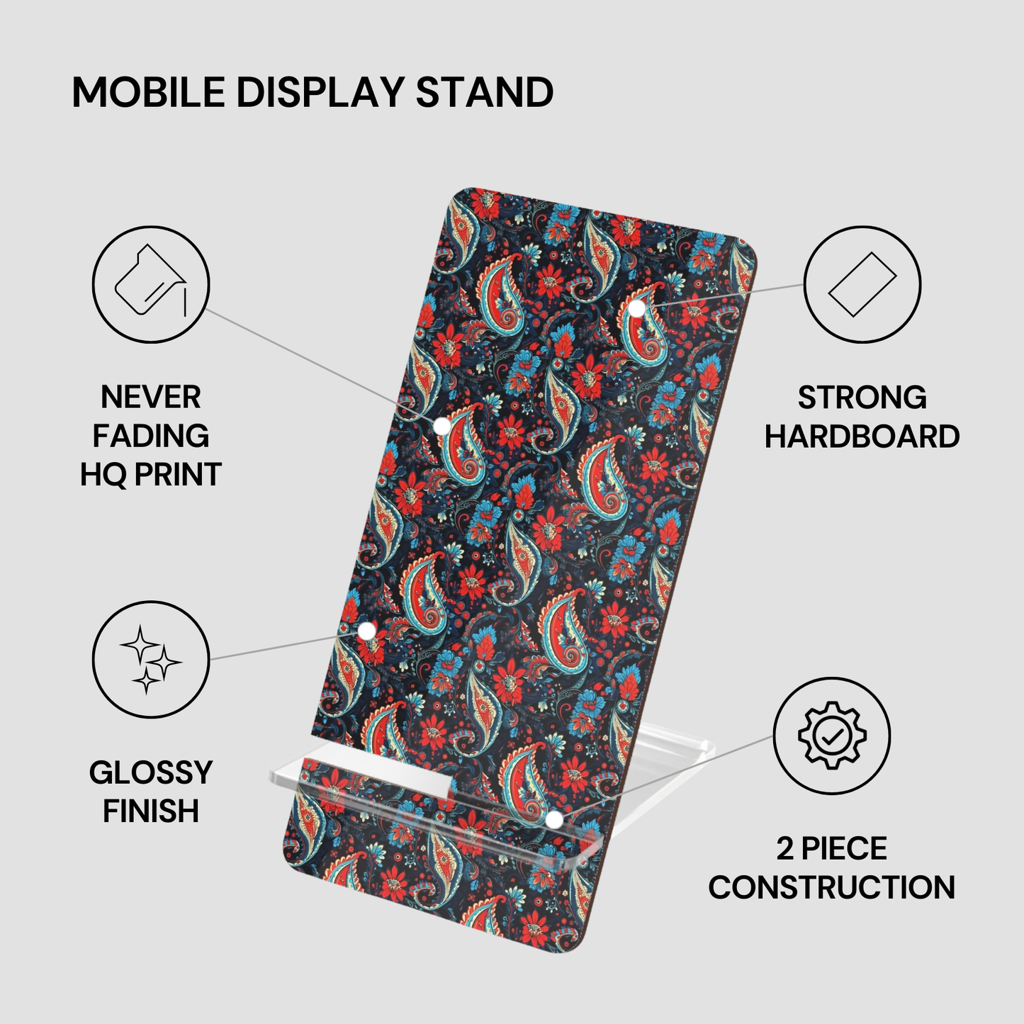 Mobile display stand with floral pattern on a gray background