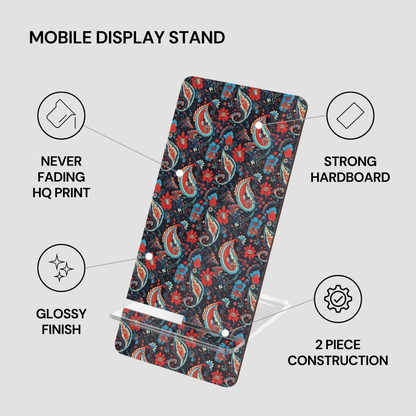 Mobile display stand with floral pattern on a gray background