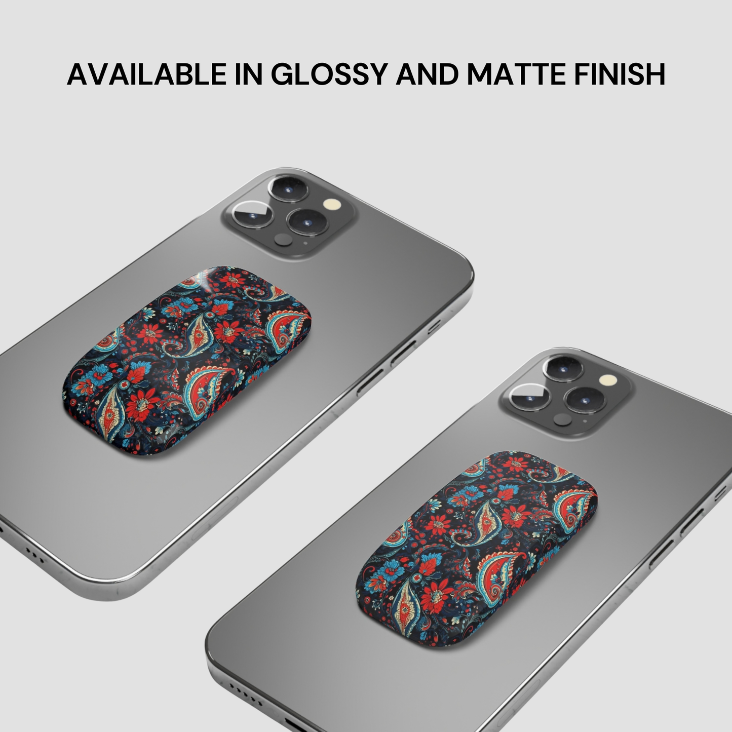 Two phone cases with a floral pattern on a gray background, with text indicating finish options.