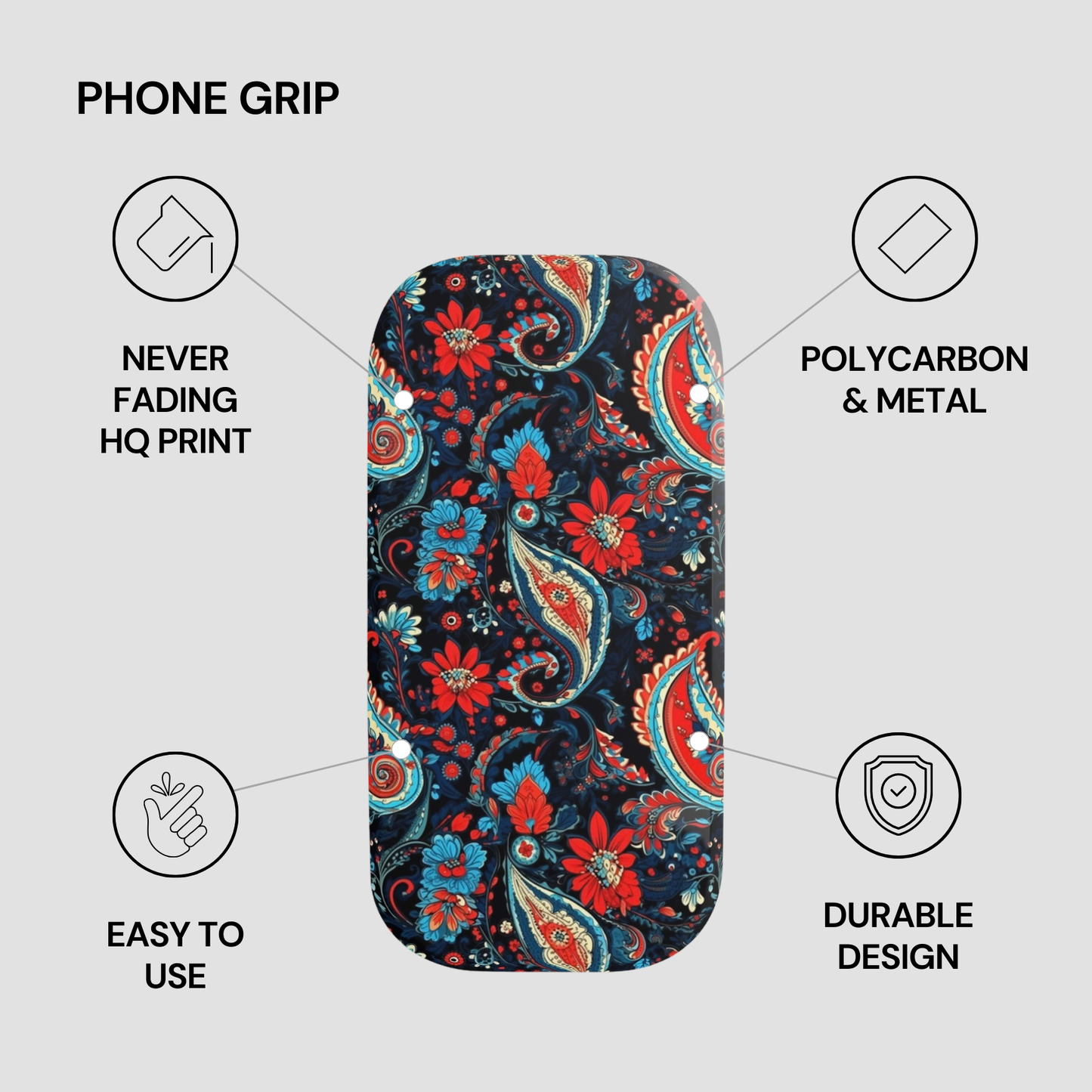 Phone grip with floral pattern and feature text on a gray background