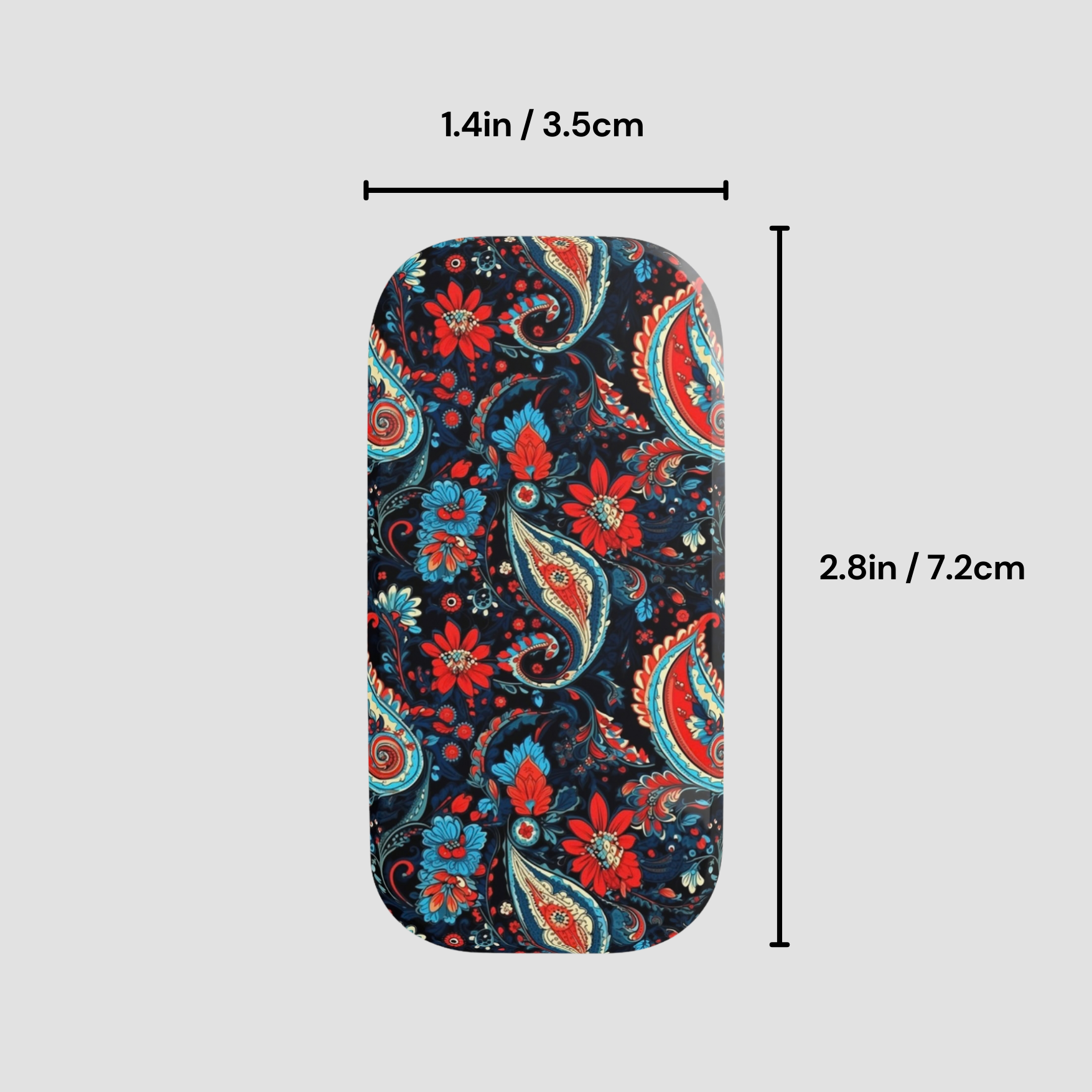 Phone case with paisley pattern and measurements on a gray background
