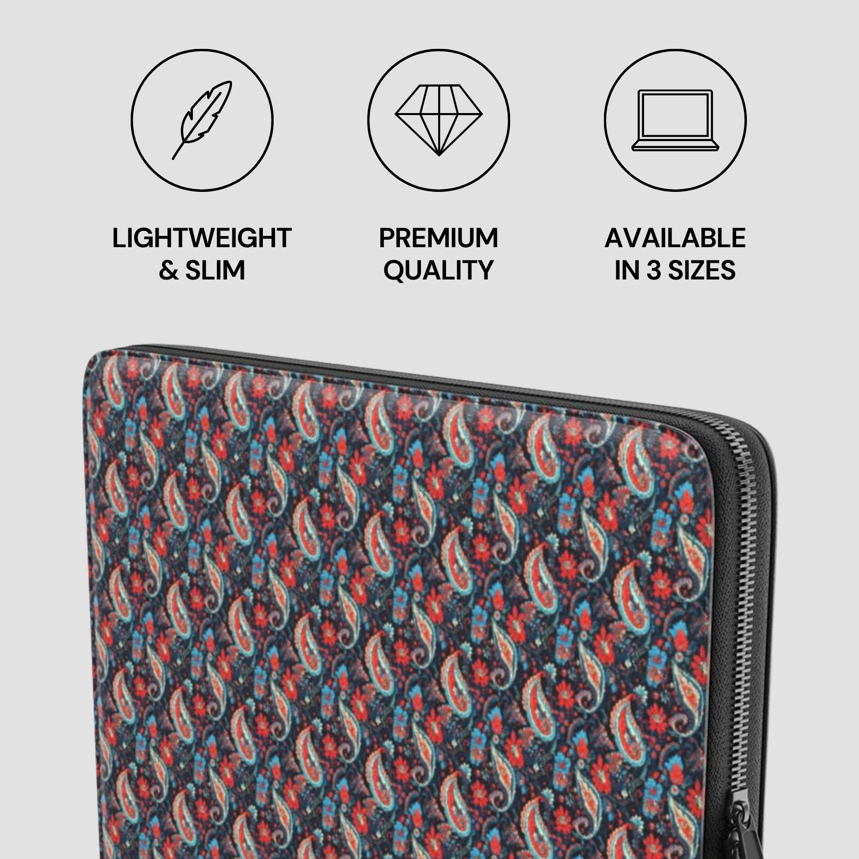 Patterned laptop sleeve with icons and text indicating features on a light gray background