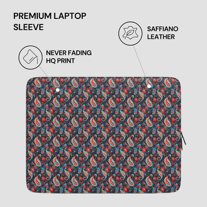 Patterned laptop sleeve with saffiano leather finish on a light gray background
