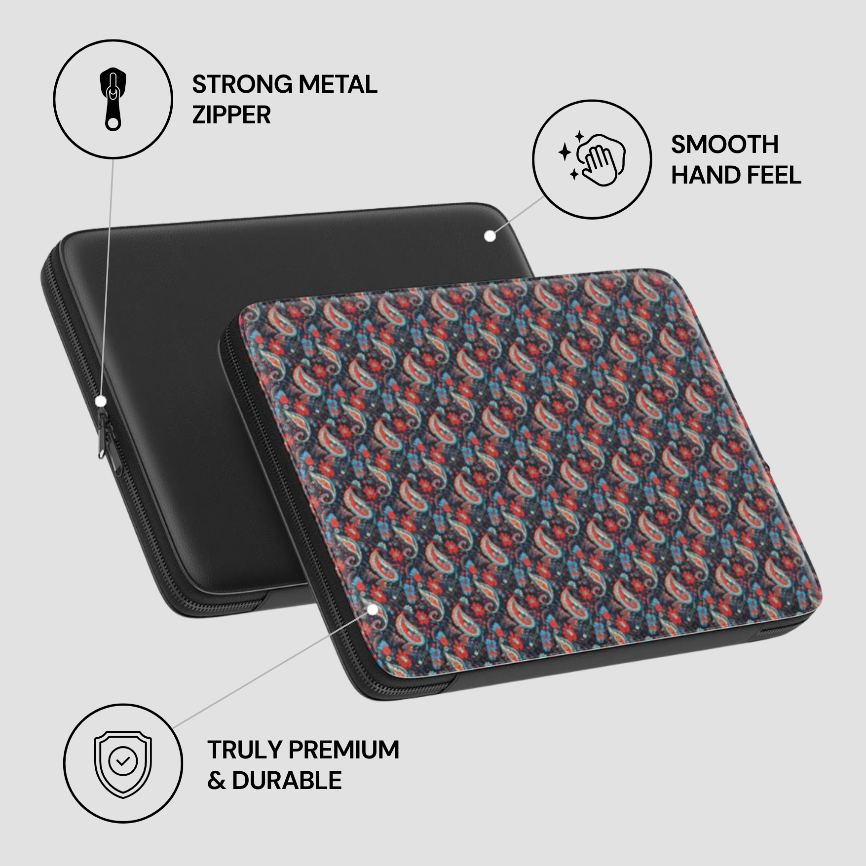 Patterned laptop sleeve with black zipper on a light gray background