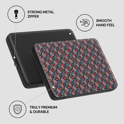 Patterned laptop sleeve with black zipper on a light gray background