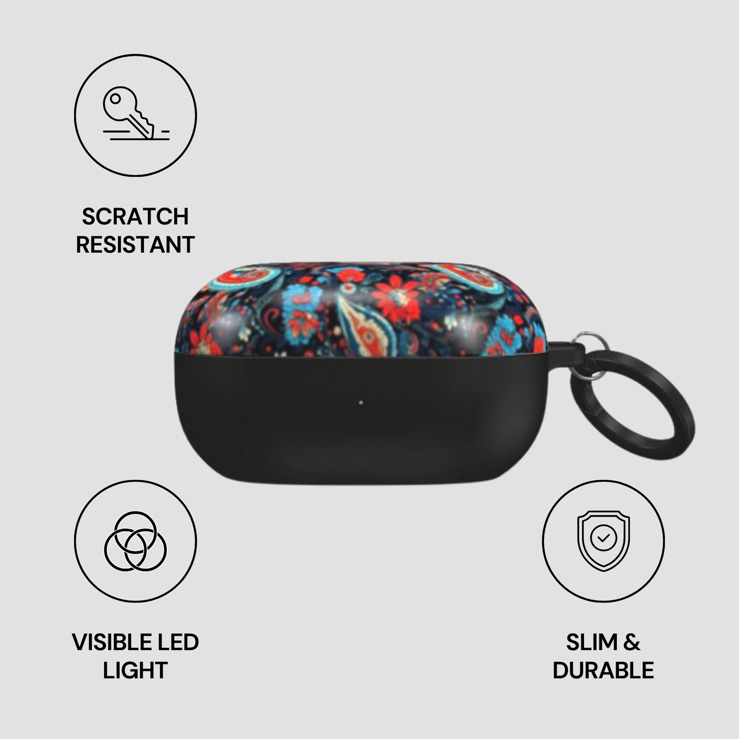 Black case with colorful design on a gray background, featuring icons and text about case features.