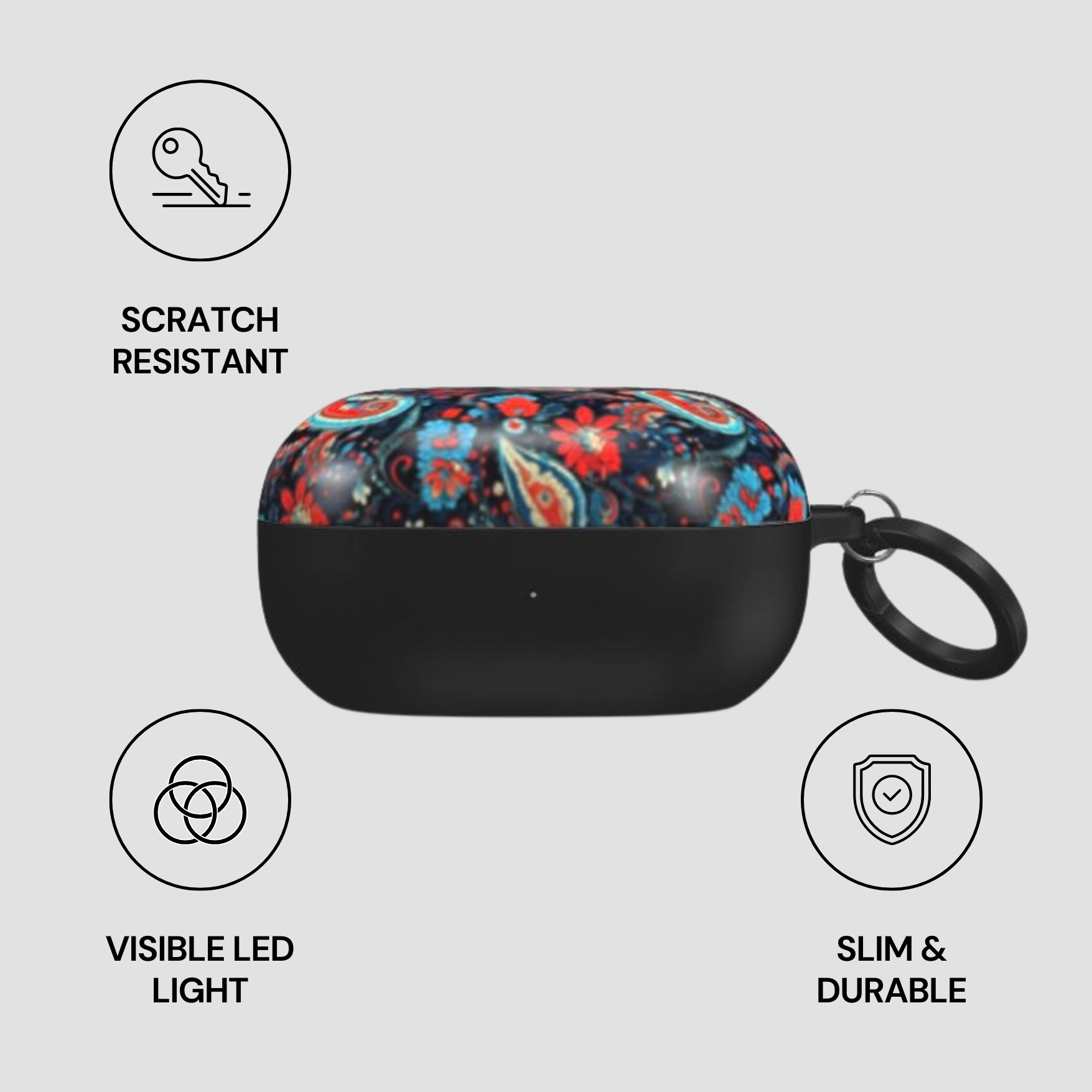 Black case with colorful design on a gray background, featuring icons and text about case features.