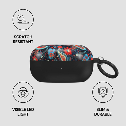 Black case with colorful design on a gray background, featuring icons and text about case features.