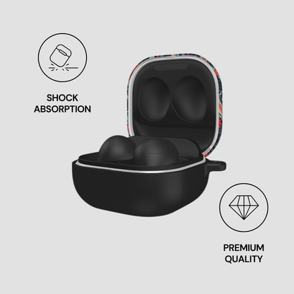 Black earbud case with colorful pattern on a white background, featuring icons for shock absorption and premium quality.