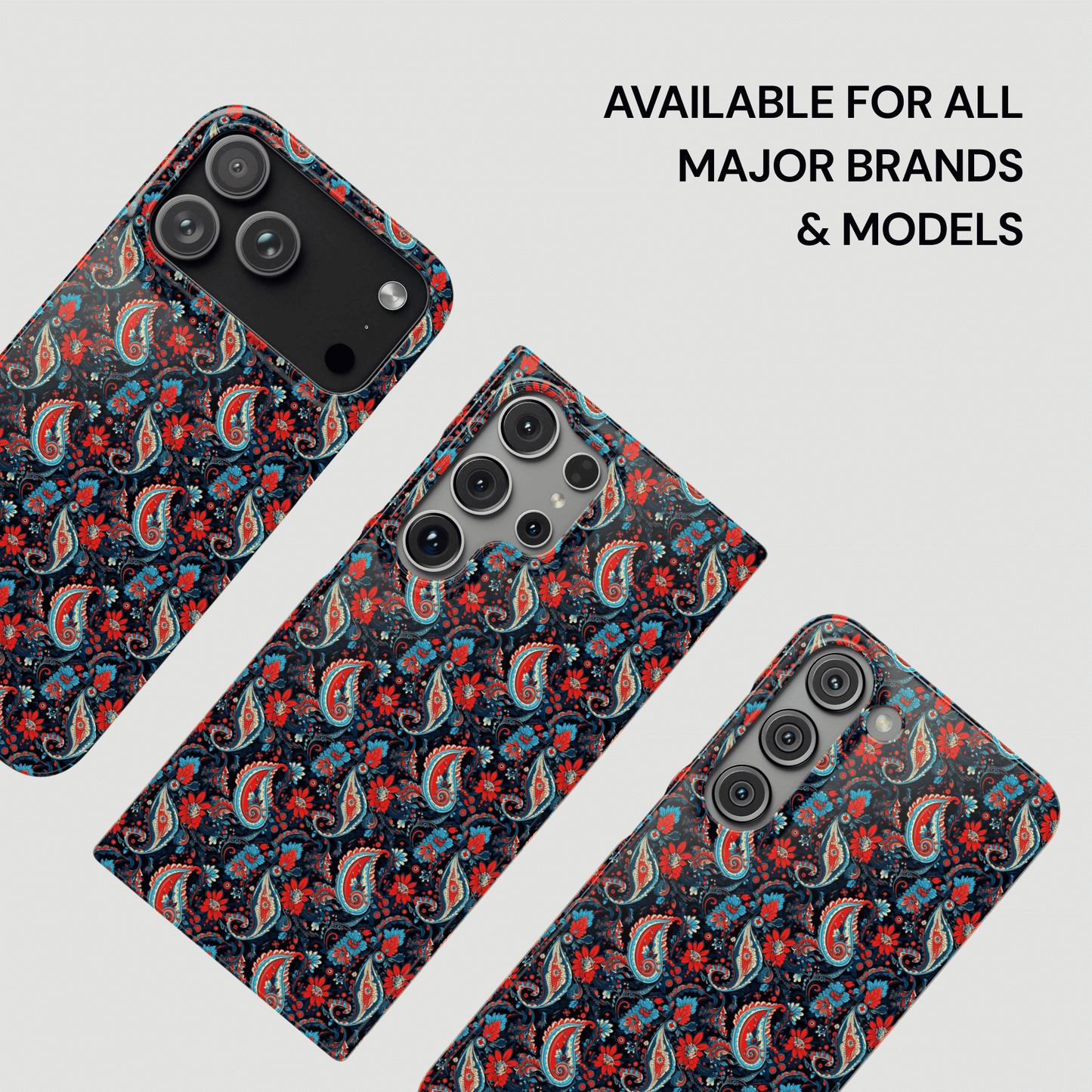 Patterned phone case on a white background with text 'Available for all major brands & models'.