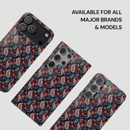 Patterned phone case on a white background with text 'Available for all major brands & models'.