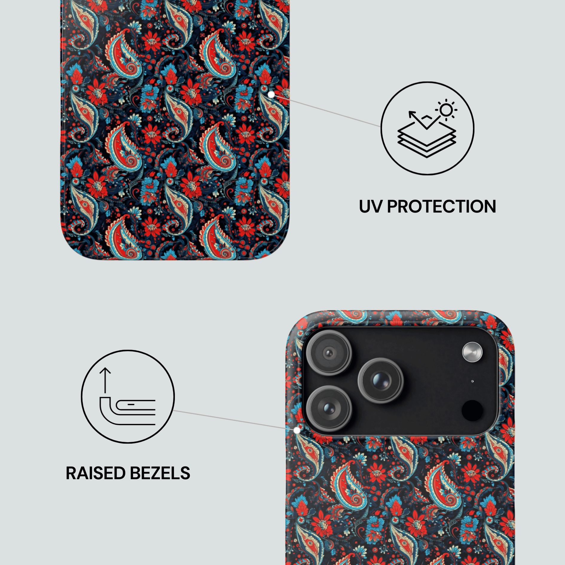 Phone case with paisley pattern, UV protection, and raised bezels features on a light gray background.