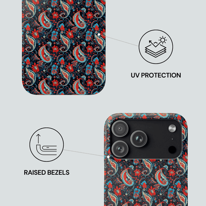 Phone case with paisley pattern, UV protection, and raised bezels features on a light gray background.