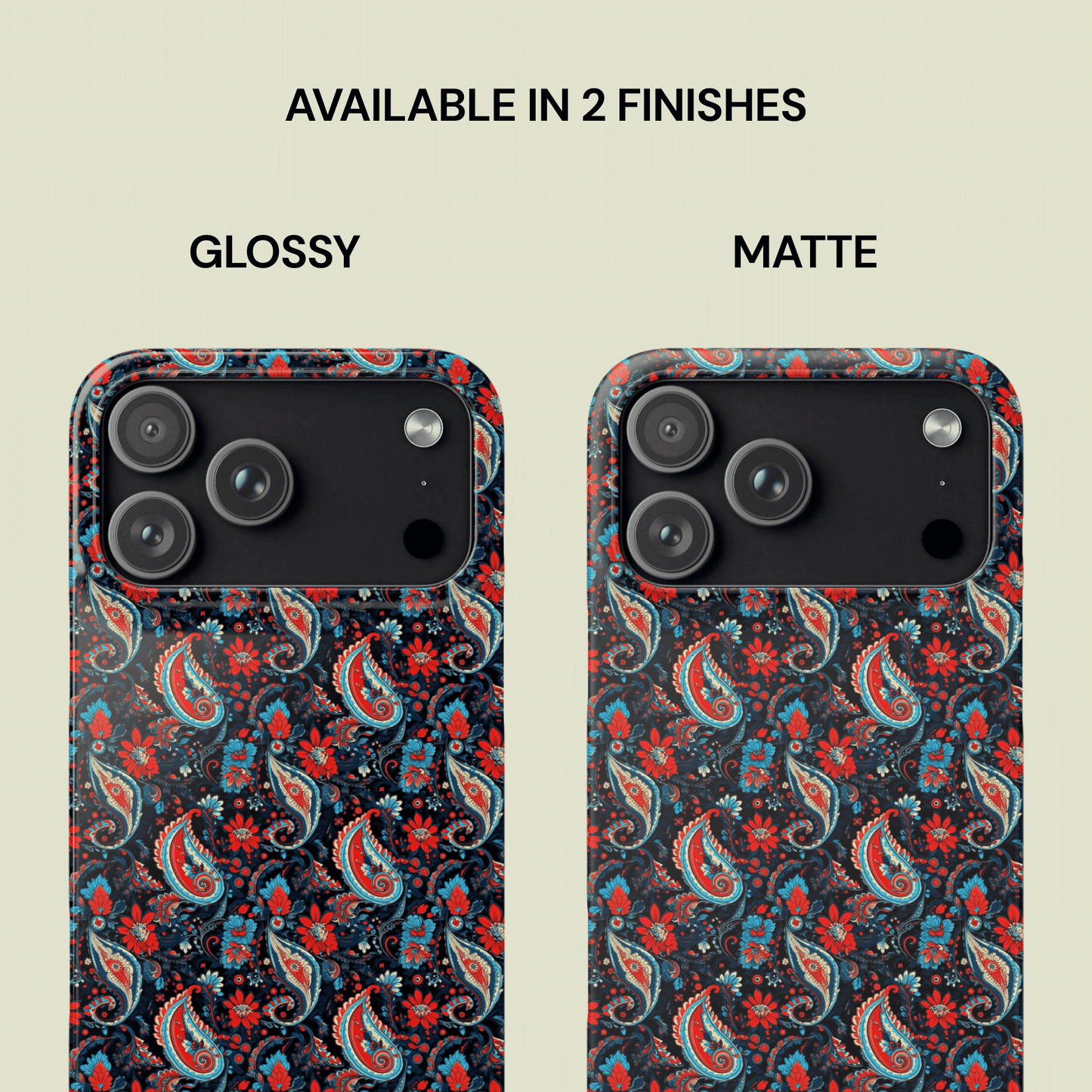 Two phone cases with a floral pattern, one glossy and one matte, on a beige background.