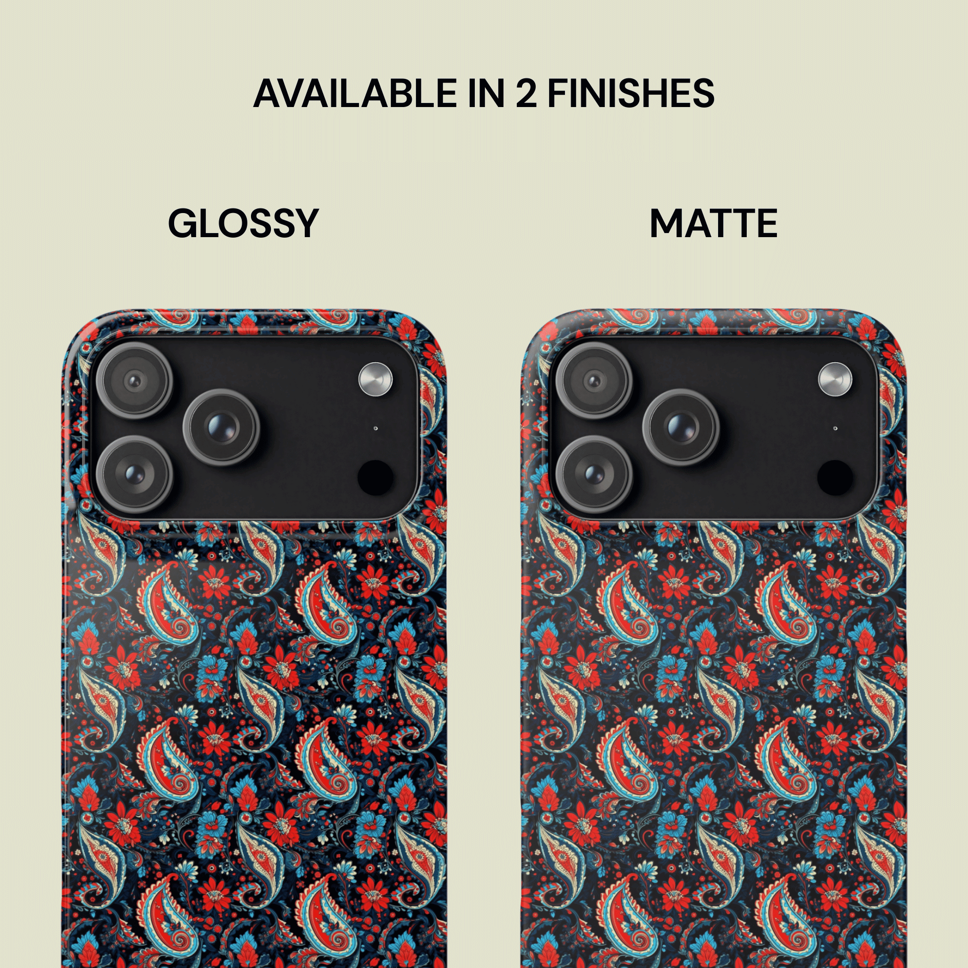 Two phone cases with a floral pattern, one glossy and one matte, on a beige background.