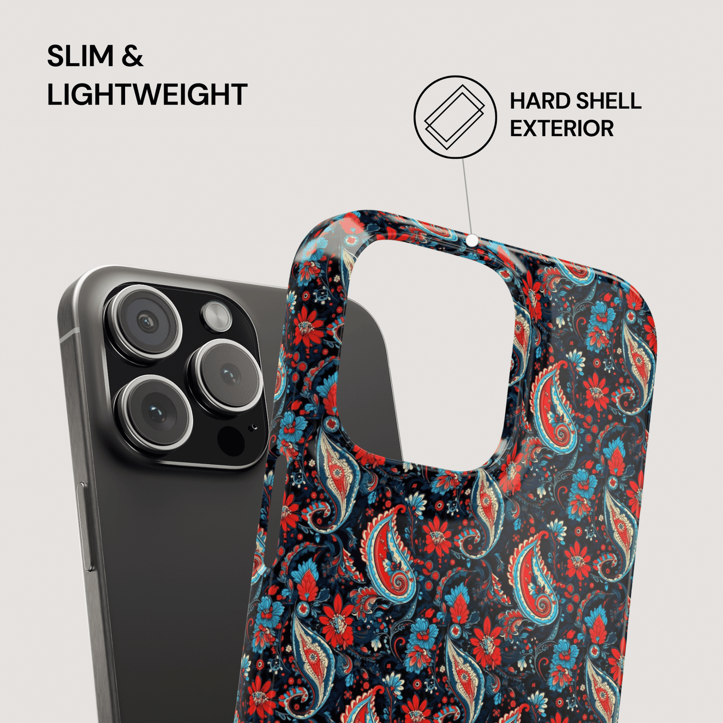 Phone case with floral pattern and text highlighting slim, lightweight, and hard shell exterior features.