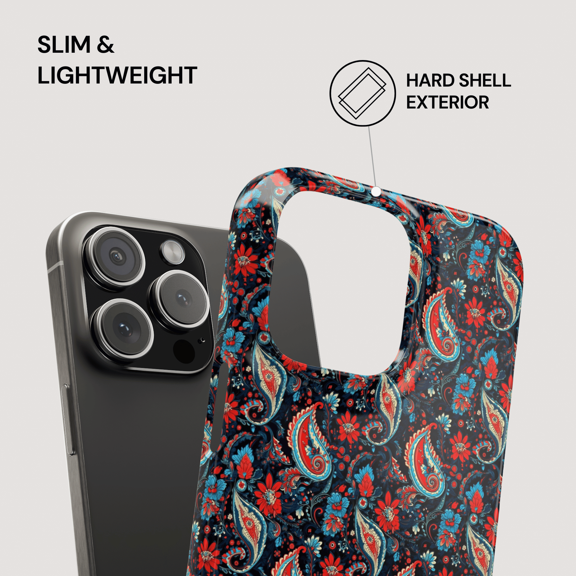 Phone case with floral pattern and text highlighting slim, lightweight, and hard shell exterior features.