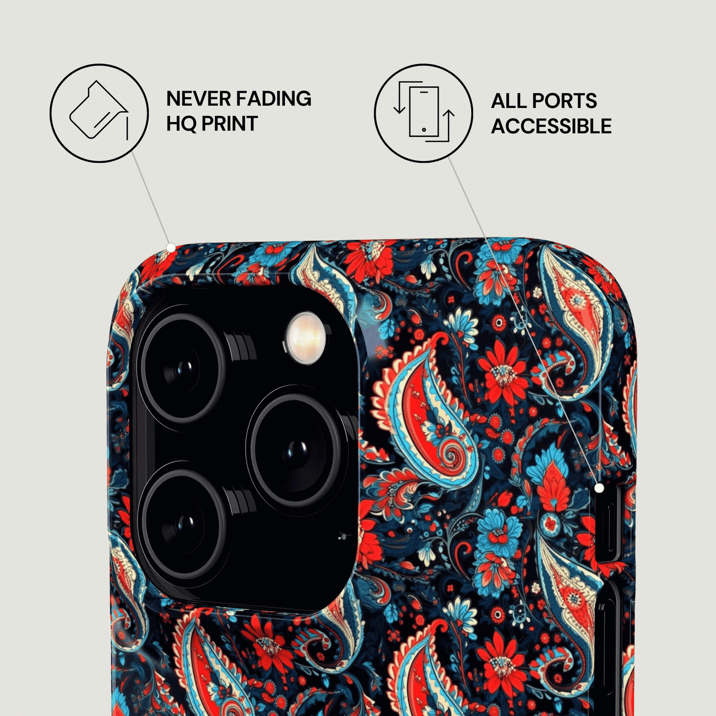 Phone case with colorful paisley design on a light gray background