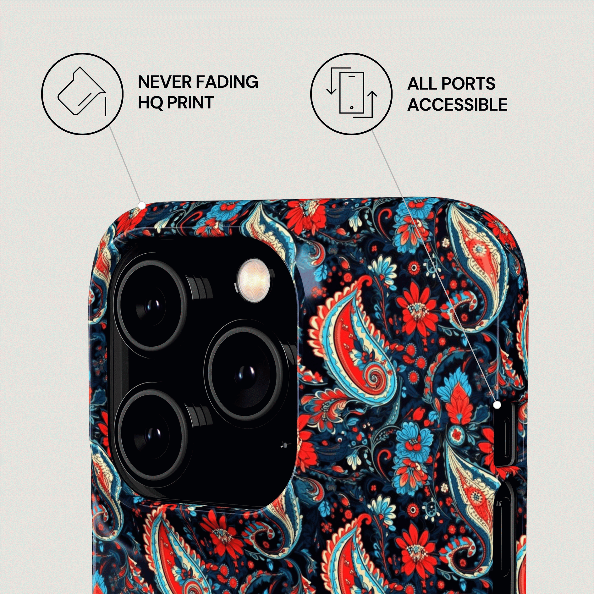 Phone case with colorful paisley design on a light gray background