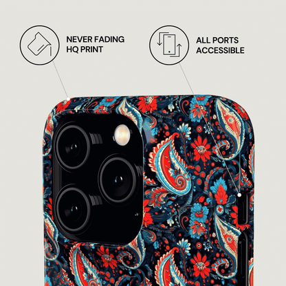 Phone case with colorful paisley design on a light gray background