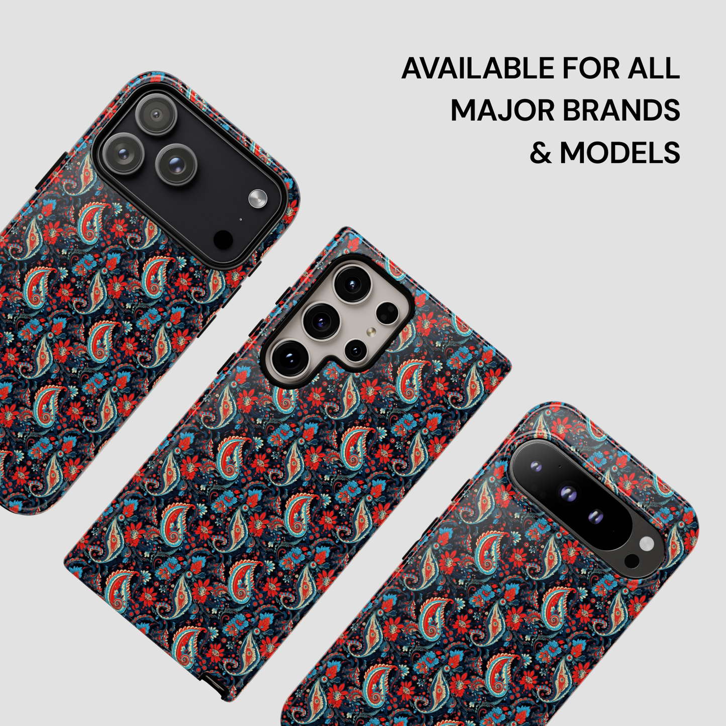 Patterned phone case on a white background with text 'Available for all major brands & models'.