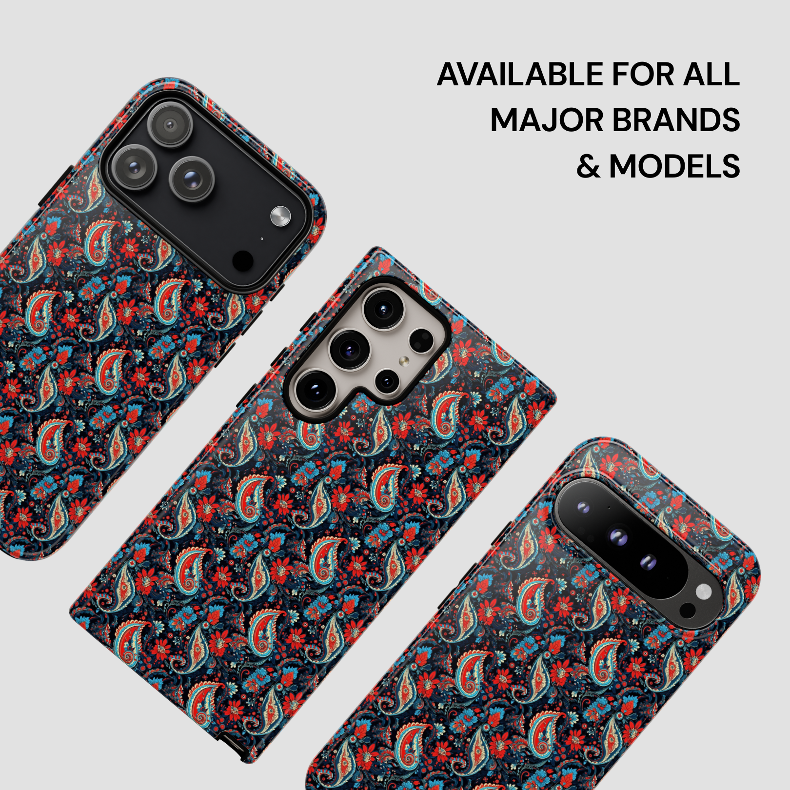 Patterned phone case on a white background with text 'Available for all major brands & models'.