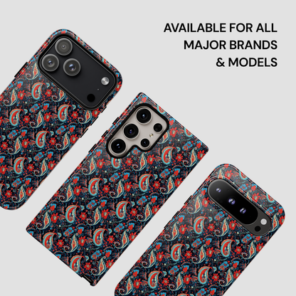 Patterned phone case on a white background with text 'Available for all major brands & models'.