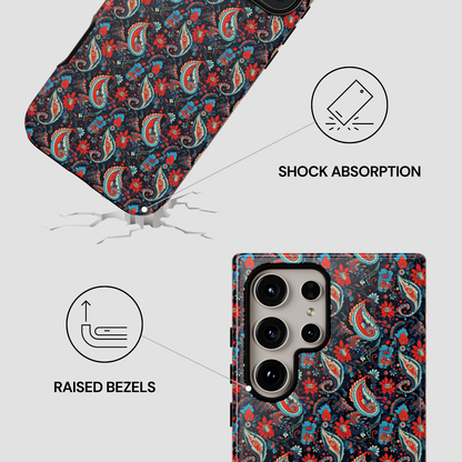 Phone case with paisley pattern and shock absorption features on a white background