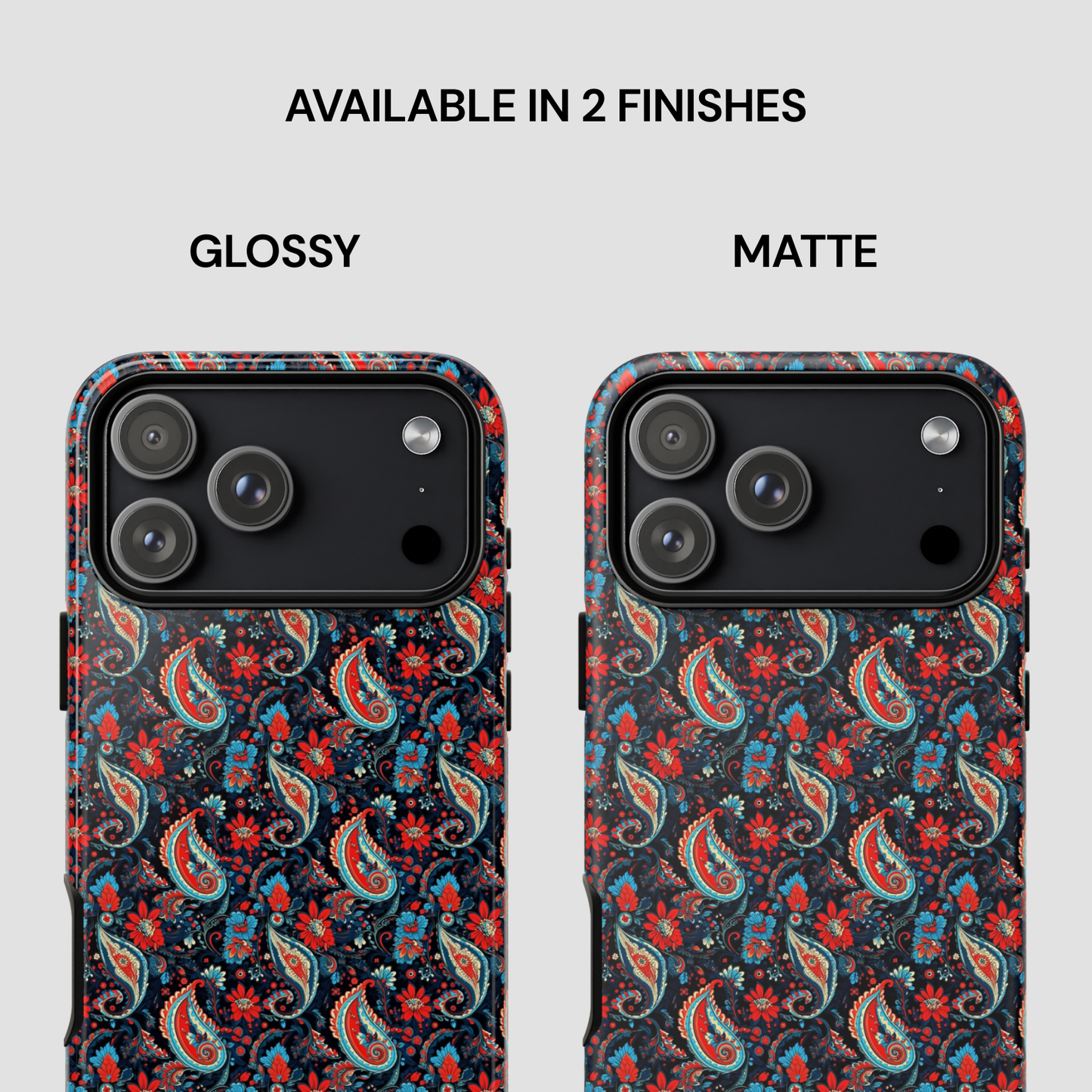 Two phone cases with a floral pattern, one glossy and one matte, on a white background.