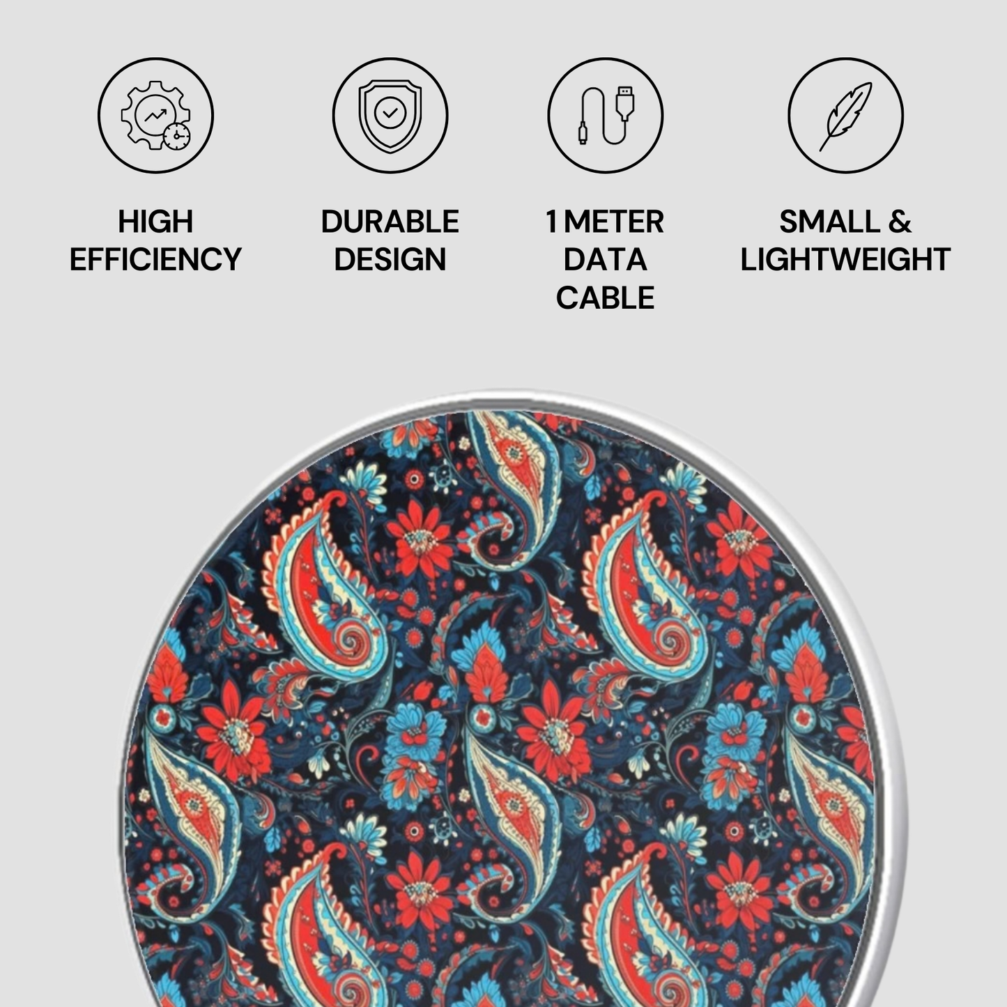 Patterned product with icons and text highlighting features on a light gray background