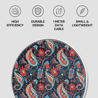 Patterned product with icons and text highlighting features on a light gray background