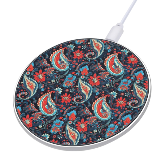 Wireless charging pad with paisley pattern on a white background