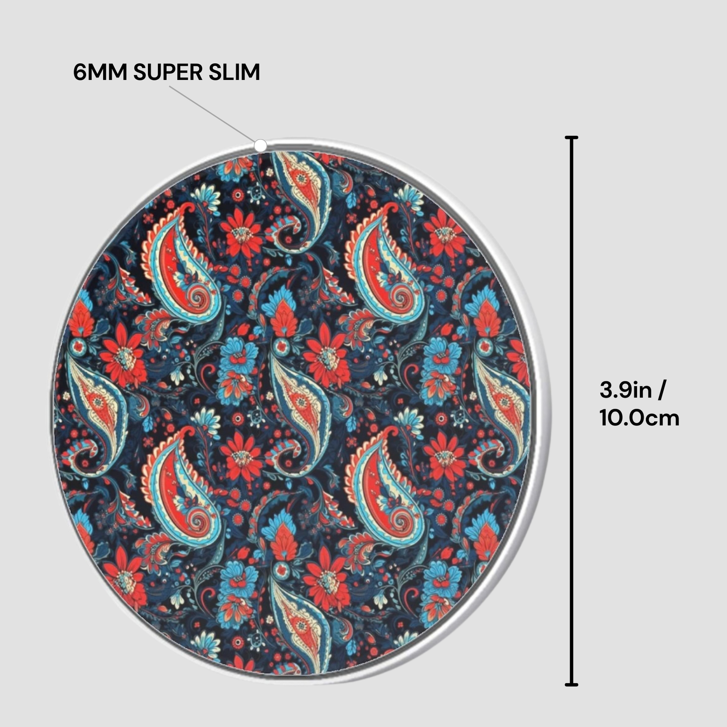 Circular object with a paisley pattern and measurements on a gray background