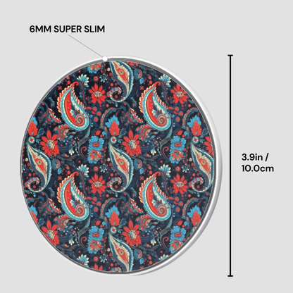 Circular object with a paisley pattern and measurements on a gray background