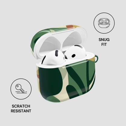 Wireless earbuds in a green camouflage case with 'Snug Fit' and 'Scratch Resistant' features on a light gray background.