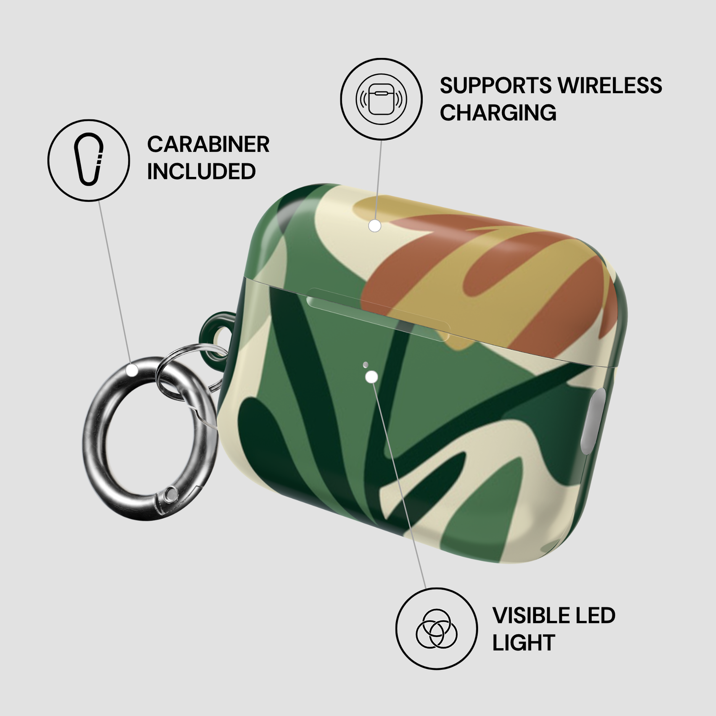 Wireless charging case with carabiner, wireless charging support, and visible LED light features on a gray background.