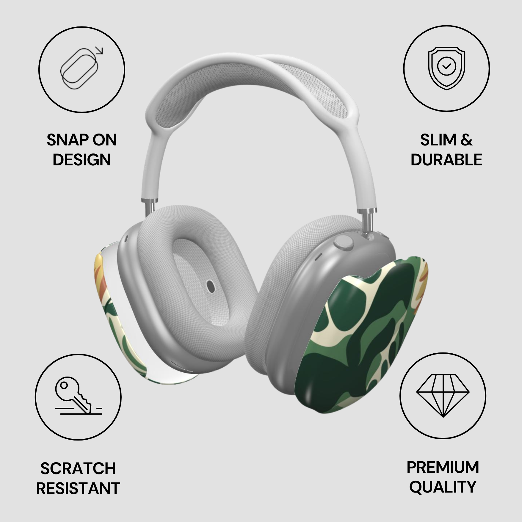 Gray headphones with colorful design on ear cups, featuring icons and text describing features.
