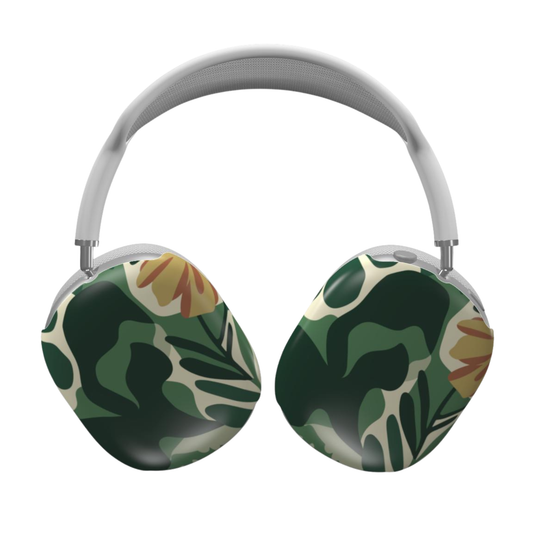 Headphones with a green floral pattern on a white background