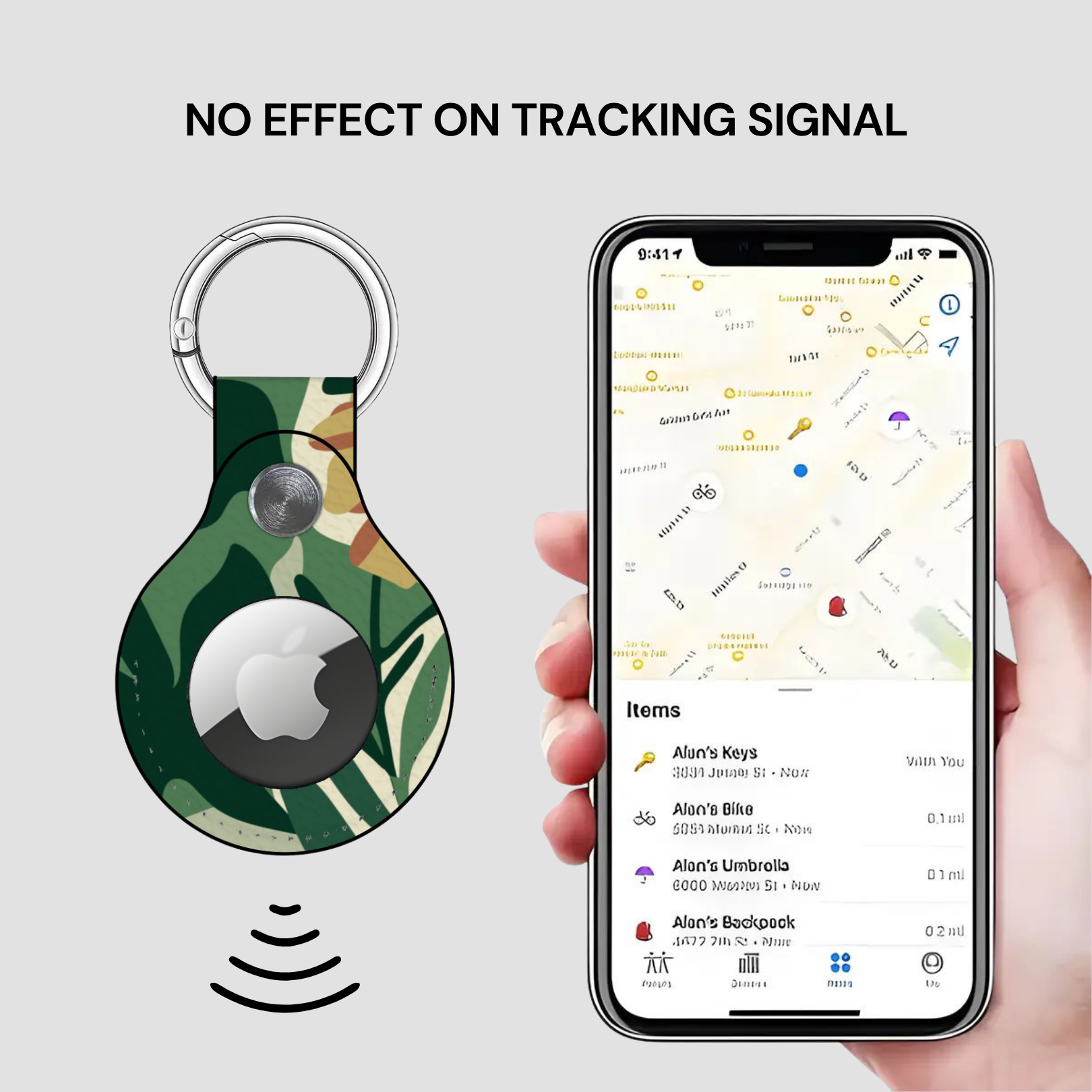 Smart keychain with camouflage design and phone displaying location app on a light gray background