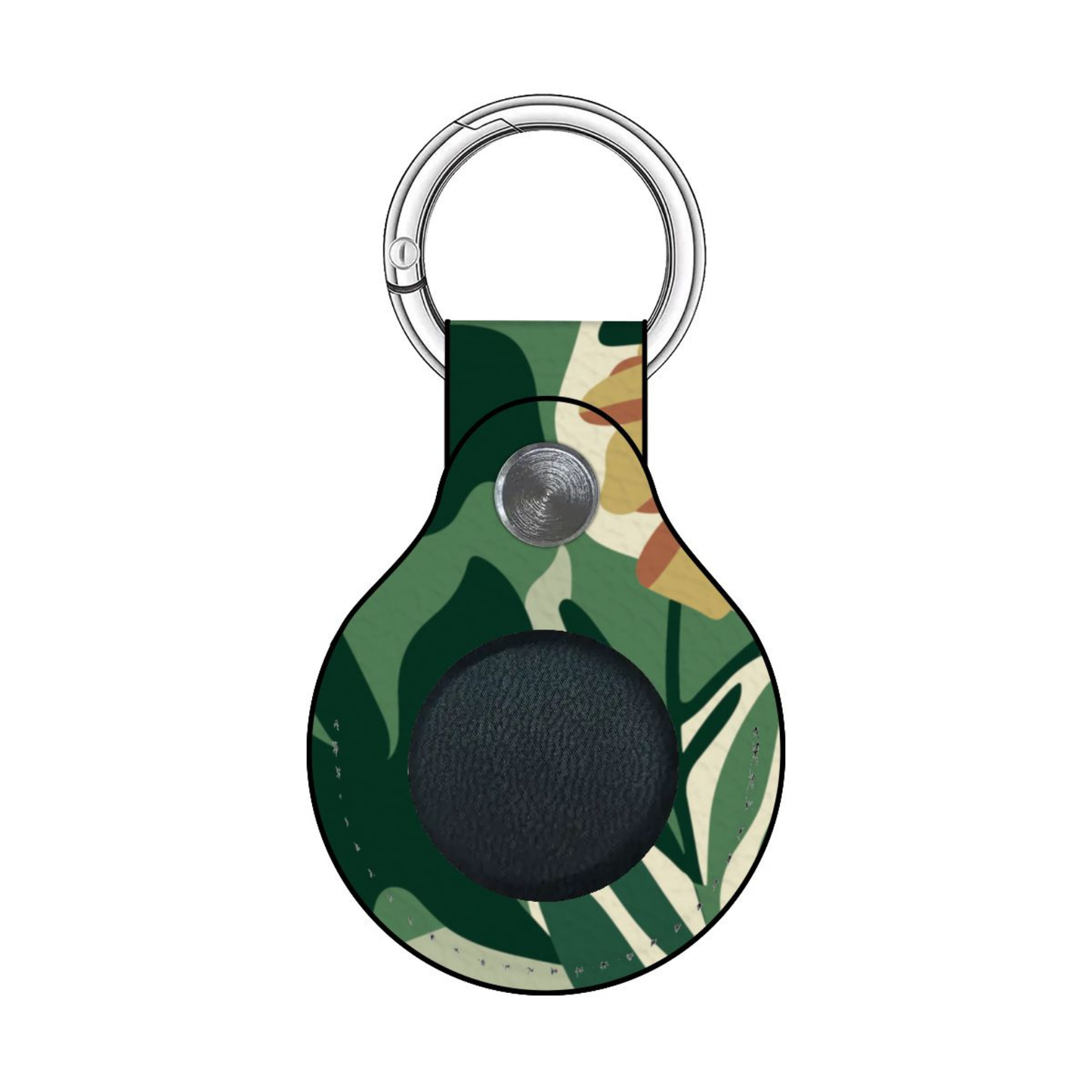 Camouflage-patterned keychain with a silver ring on a white background