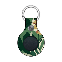 Camouflage-patterned keychain with a silver ring on a white background
