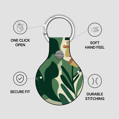 Keychain with leaf pattern and features listed on a light gray background