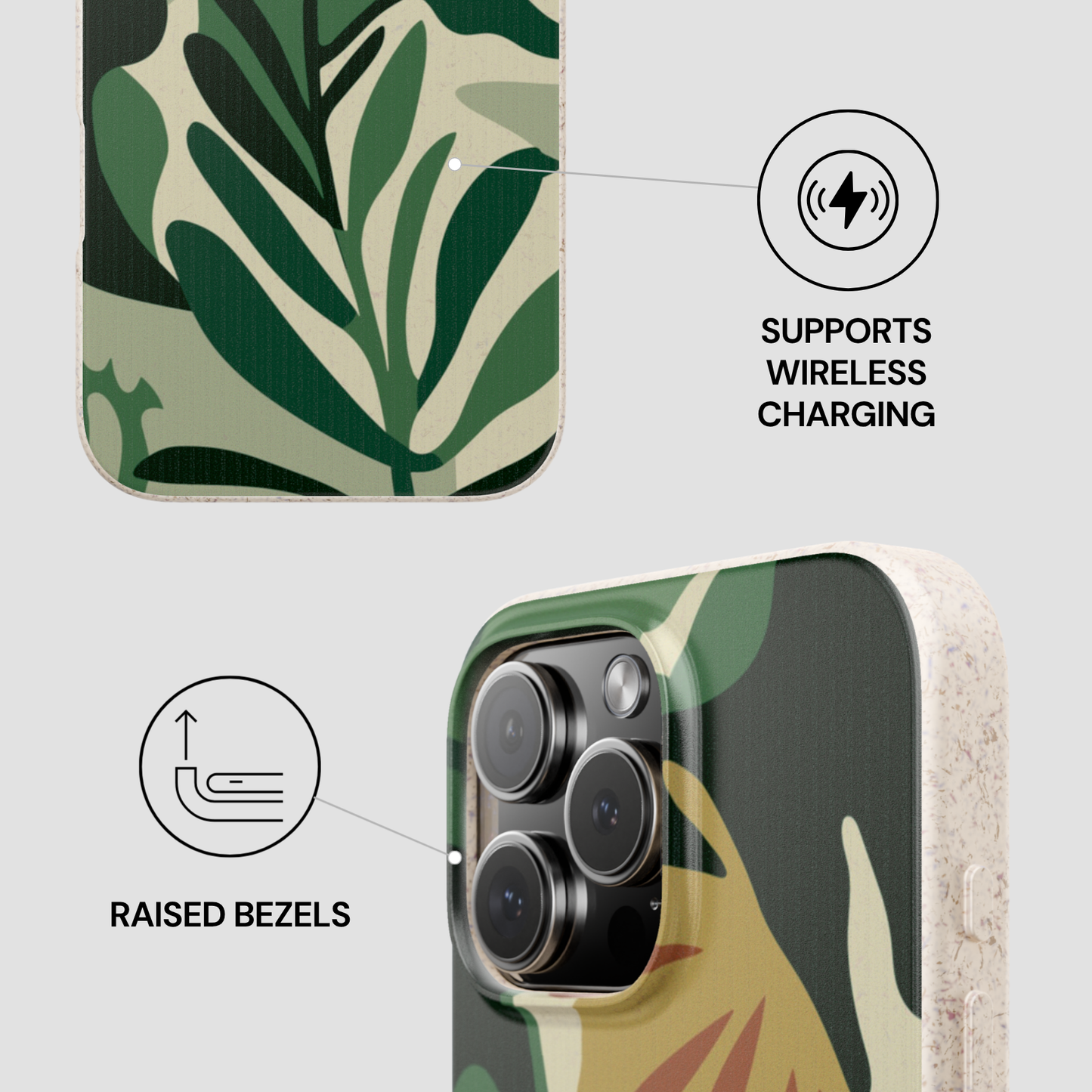 Phone case with leaf pattern and wireless charging support on a light gray background