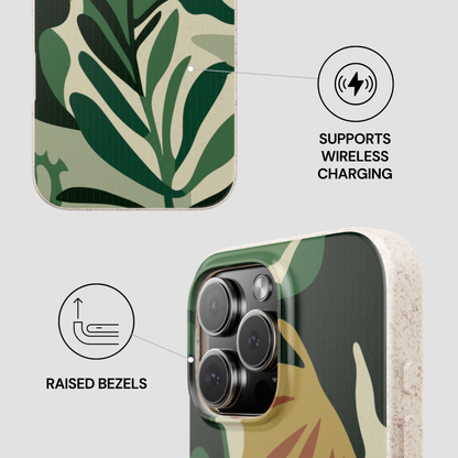 Phone case with leaf pattern and wireless charging support on a light gray background