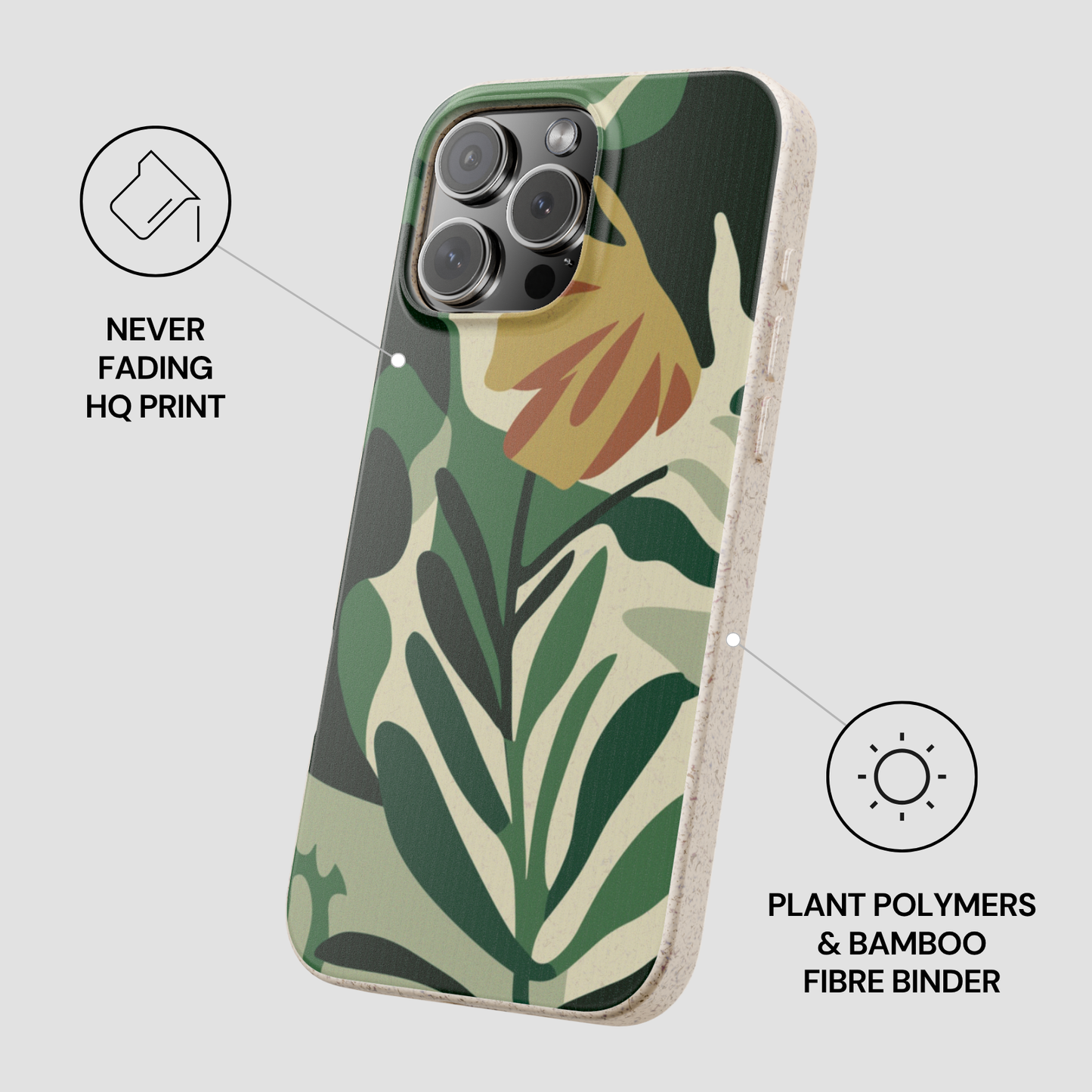Phone case with floral design and text about plant polymers and bamboo fiber binder on a light gray background