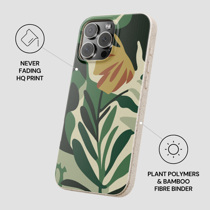 Phone case with floral design and text about plant polymers and bamboo fiber binder on a light gray background