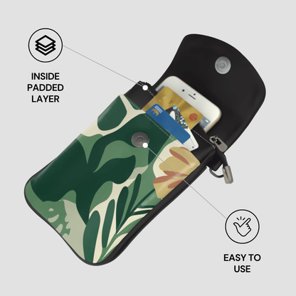 Phone case with floral design and card slots on a gray background