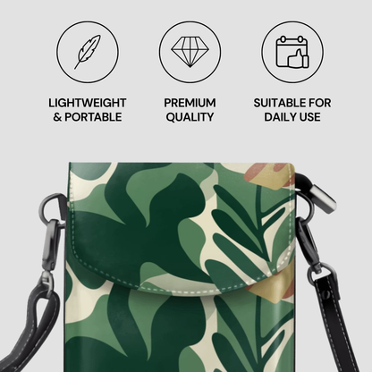 Green leaf-patterned bag with features listed on a light gray background